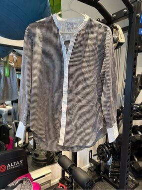 Striped Band-Collar Button-Down Shirt in Black and White